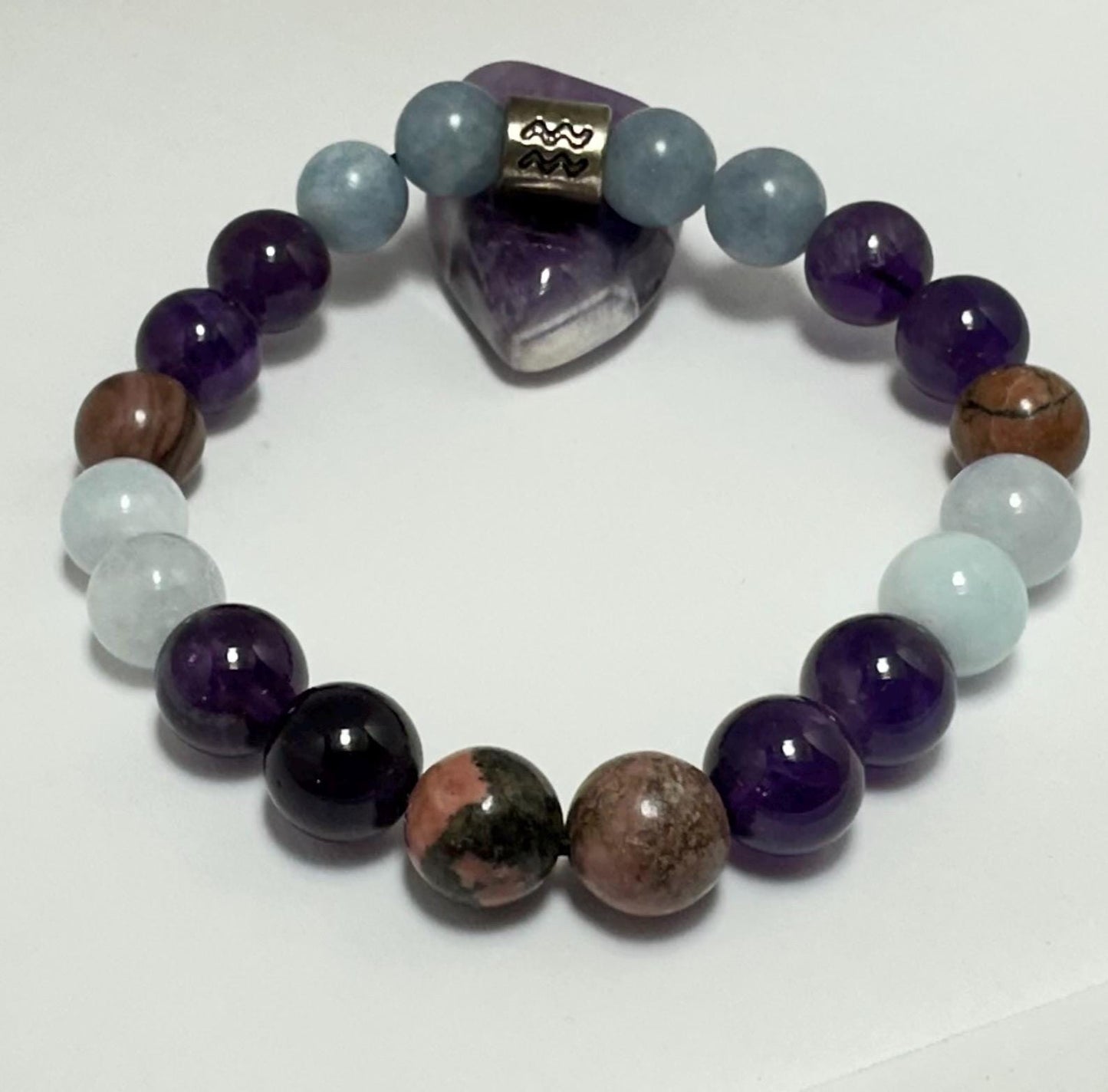 AQUARIUS Astrology Zodiac Bracelet - January February - Crystal Healing Jewelry - Aquamarine - Amethyst - Rhodonite - Moonstone