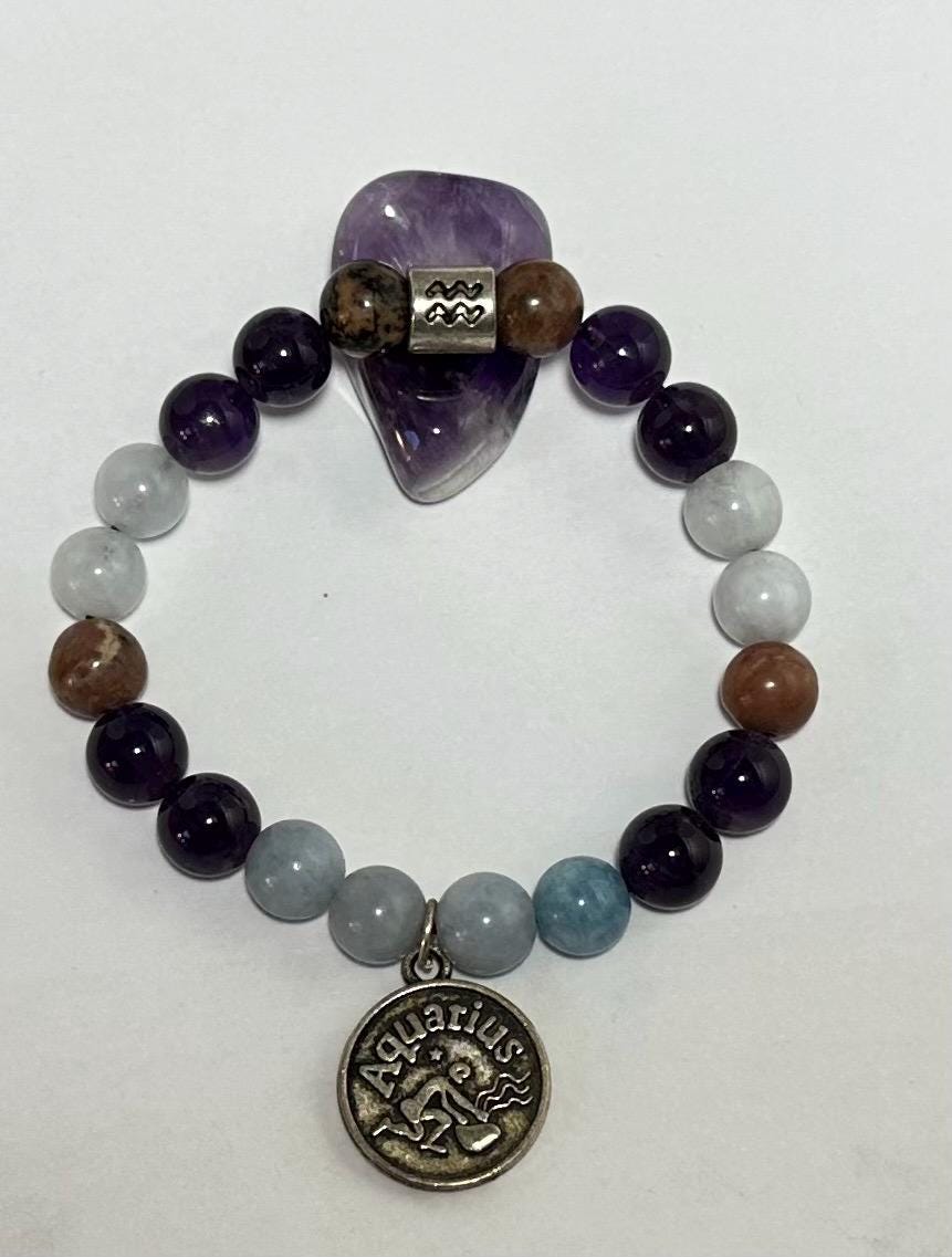 AQUARIUS Astrology Zodiac Bracelet - January February - Crystal Healing Jewelry - Aquamarine - Amethyst - Rhodonite - Moonstone