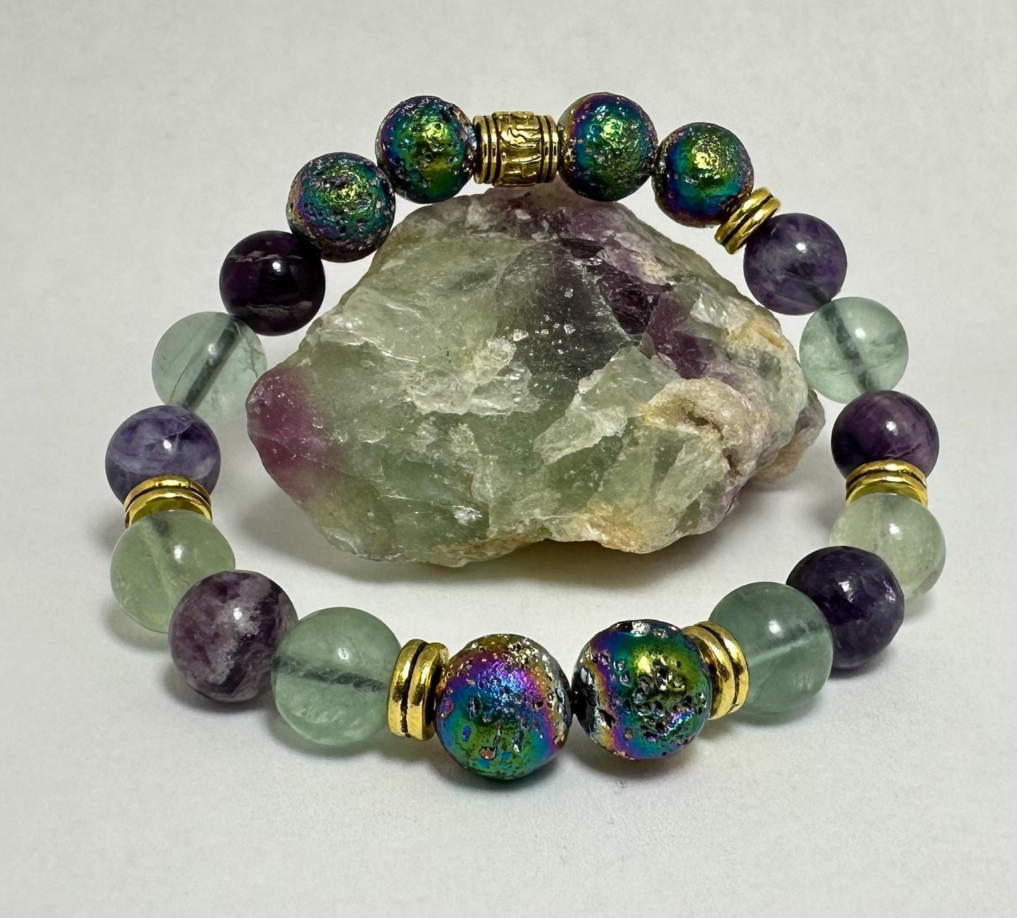 Aura Transformation Bracelet - Rainbow Fluorite - Aura Lava Stone - Crystal Healing Jewelry