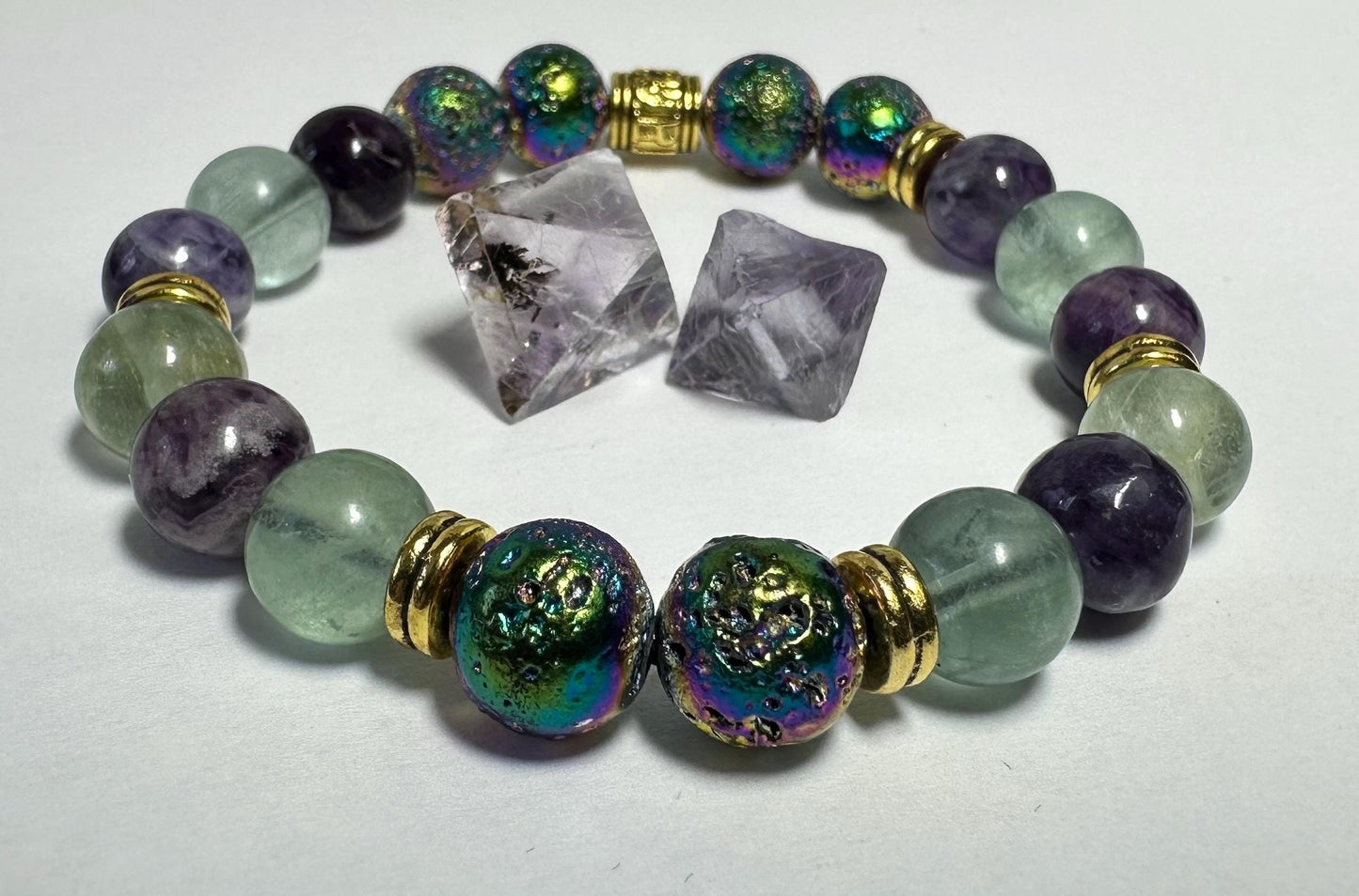 Aura Transformation Bracelet - Rainbow Fluorite - Aura Lava Stone - Crystal Healing Jewelry