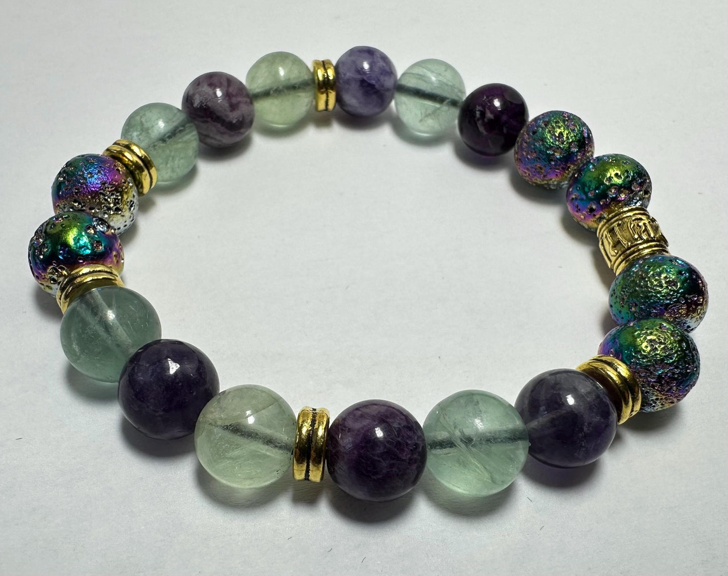 Aura Transformation Bracelet - Rainbow Fluorite - Aura Lava Stone - Crystal Healing Jewelry