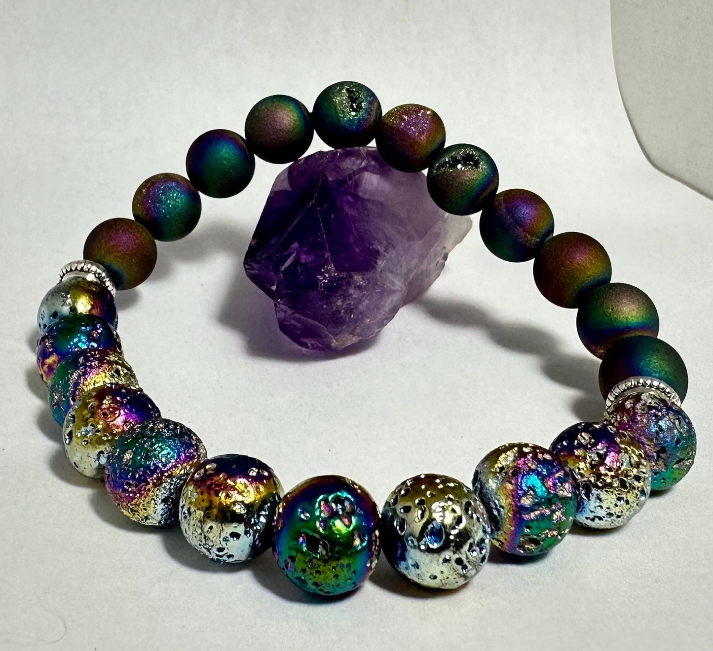 Galactic Ember Bracelet - Rainbow Aura Lava Stone - Druzy Agate - Crystal Healing Jewelry