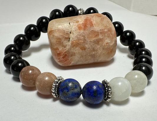 Sacred Eclipse Bracelet - Moonstone - Sunstone - Obsidian - Lapis Lazuli - Crystal Healing Jewelry