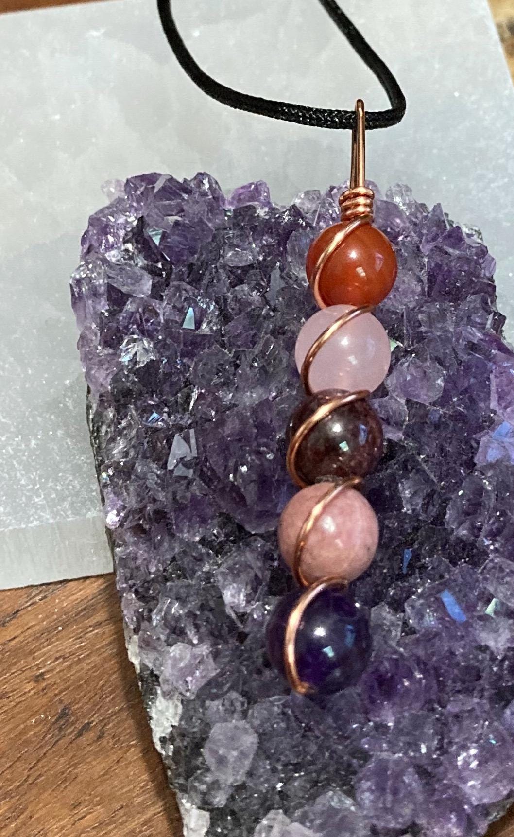 Attract Love Necklace - Copper Wire Wrapped Pendant - Crystal Healing Jewelry - Rose Quartz - Amethyst - Red Agate - Garnet - Rhodonite