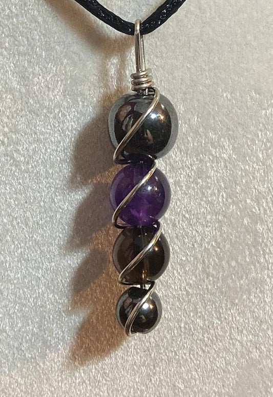 Grief & loss gemstone beaded necklace wire wrapped crystal bead pendant smoky quartz amethyst hematite