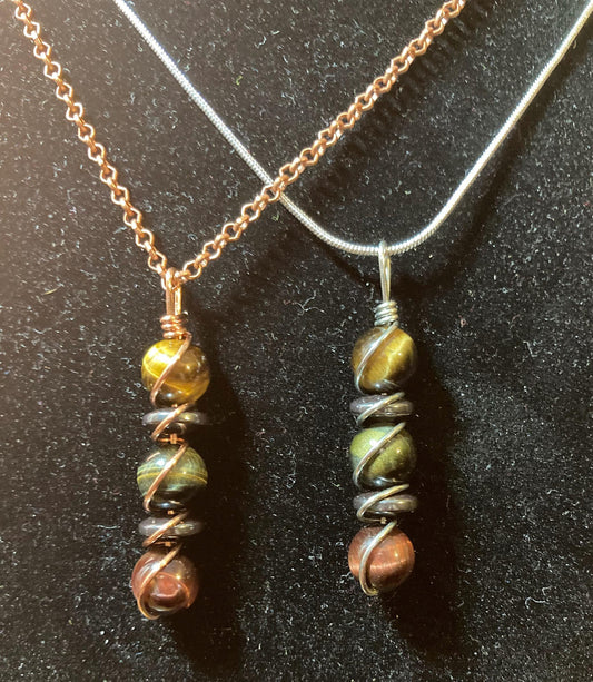 Focus & Clarity Necklace - Copper Wire Wrapped Pendant - Crystal Healing Jewelry - Tigers Eye - Hematite