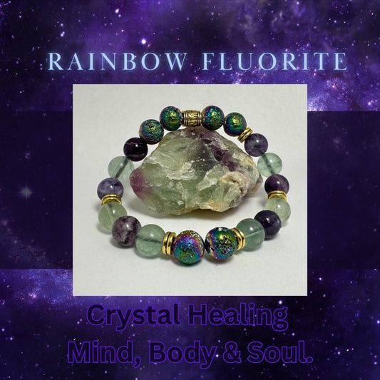 Aura Transformation Bracelet - Rainbow Fluorite - Aura Lava Stone - Crystal Healing Jewelry