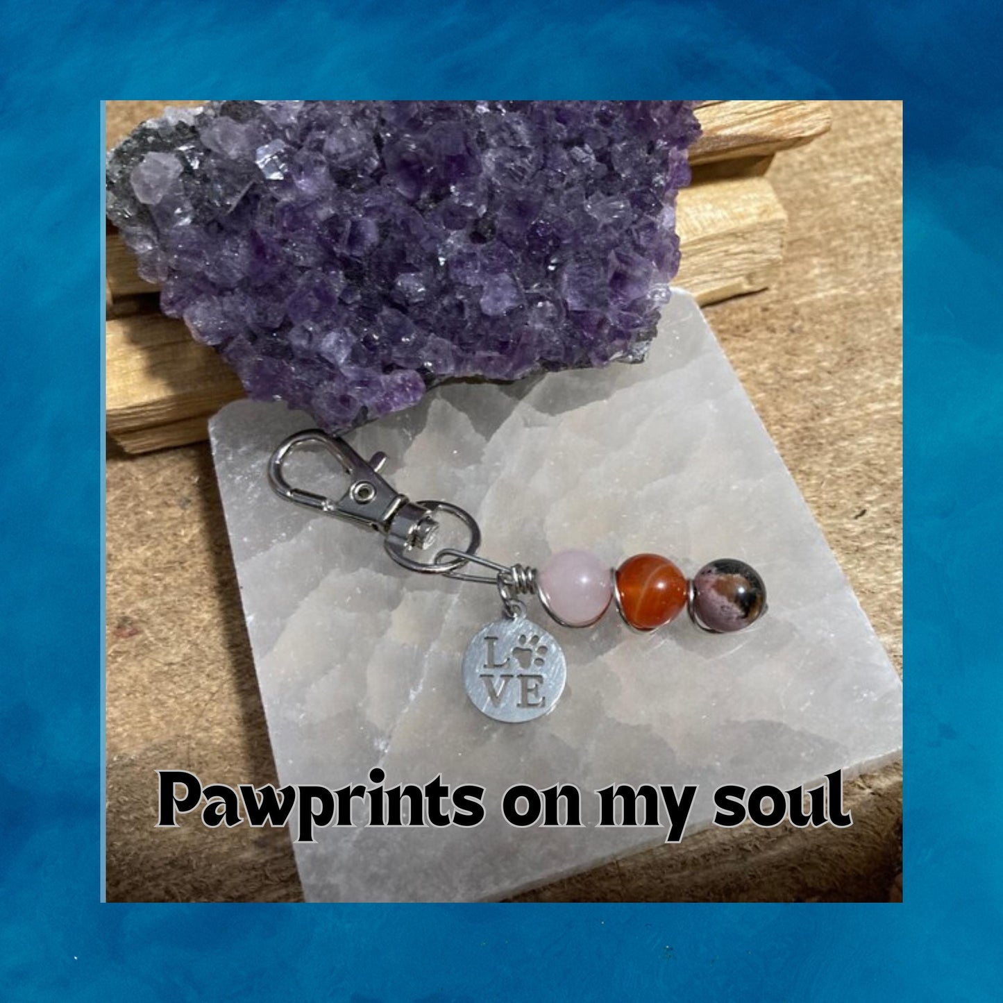 Crystal Healing Pet Charm for Dog Harness or Cat Collar - Rose Quartz - Carnelian - Rhodonite - Key chain