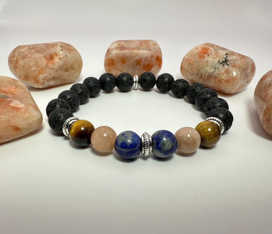 Luna y Sol - Moon & Sun - Moonstone - Sunstone beaded bracelet - Lapis Lazuli