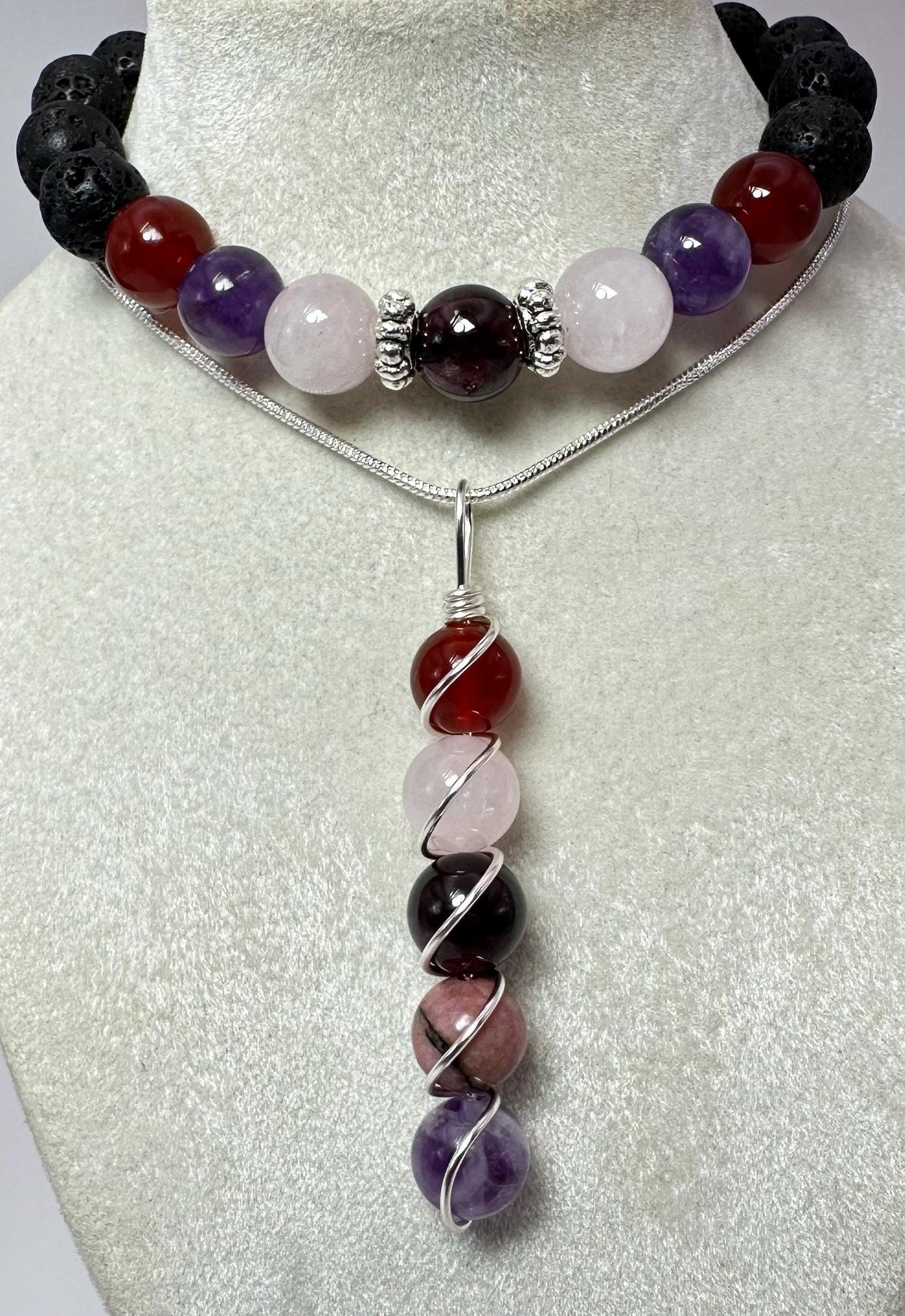 Attract Love Necklace & Bracelet set - Crystal Healing Jewelry - Red Agate - Rose Quartz - Garnet - Rhodonite - Amethyst