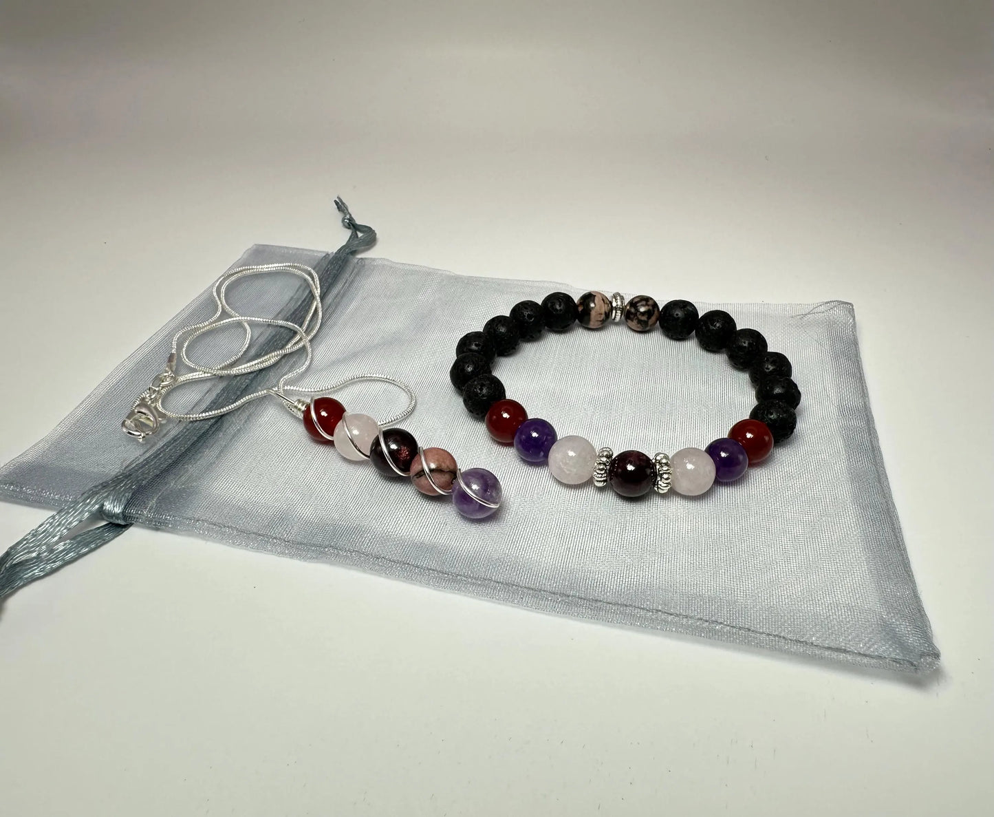 Attract Love Necklace & Bracelet set - Crystal Healing Jewelry - Red Agate - Rose Quartz - Garnet - Rhodonite - Amethyst