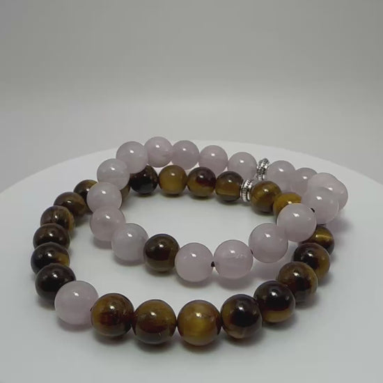 Couples Bracelets matching set - Rose Quartz - Tigers eye - Protection & Love Video